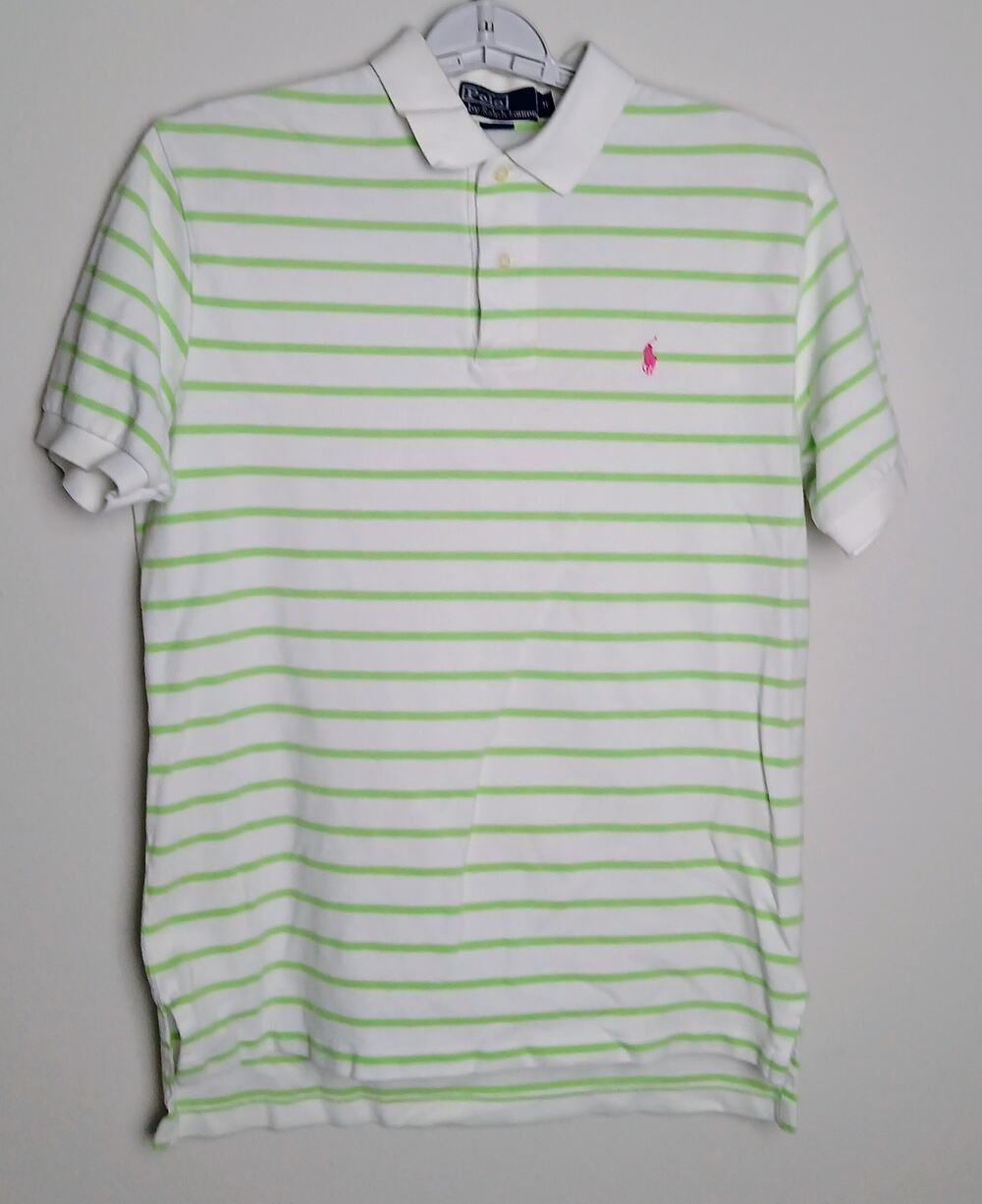 Polo Ralph Lauren Men's Medium White Lime Green Striped Polo Shirt Pink Pony